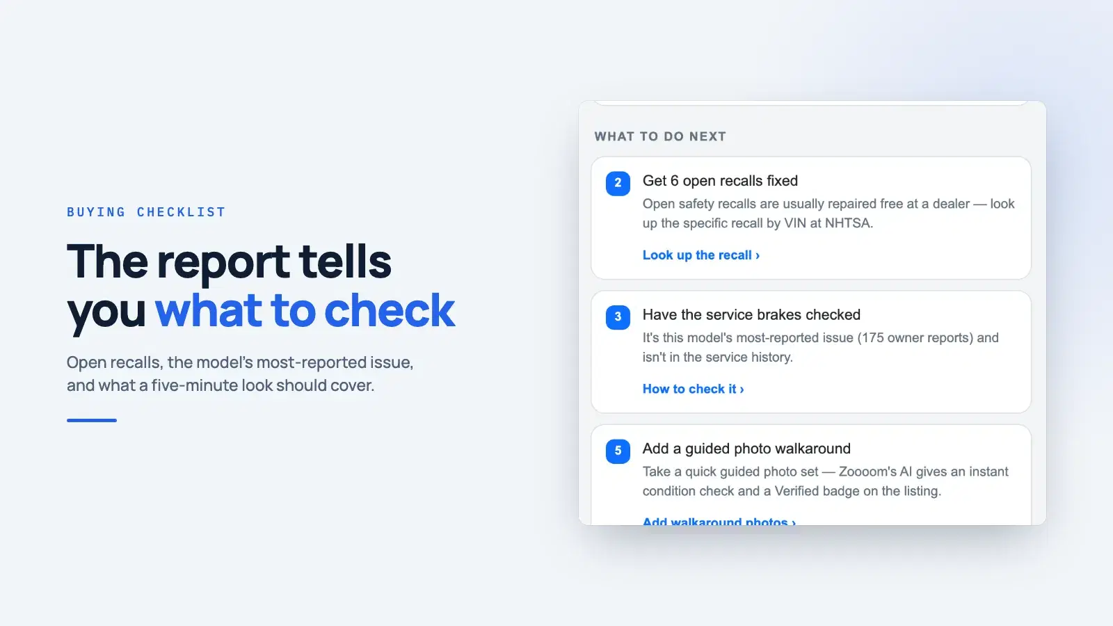 A Carsido Verified Report listing open recalls and the model's most-reported issue